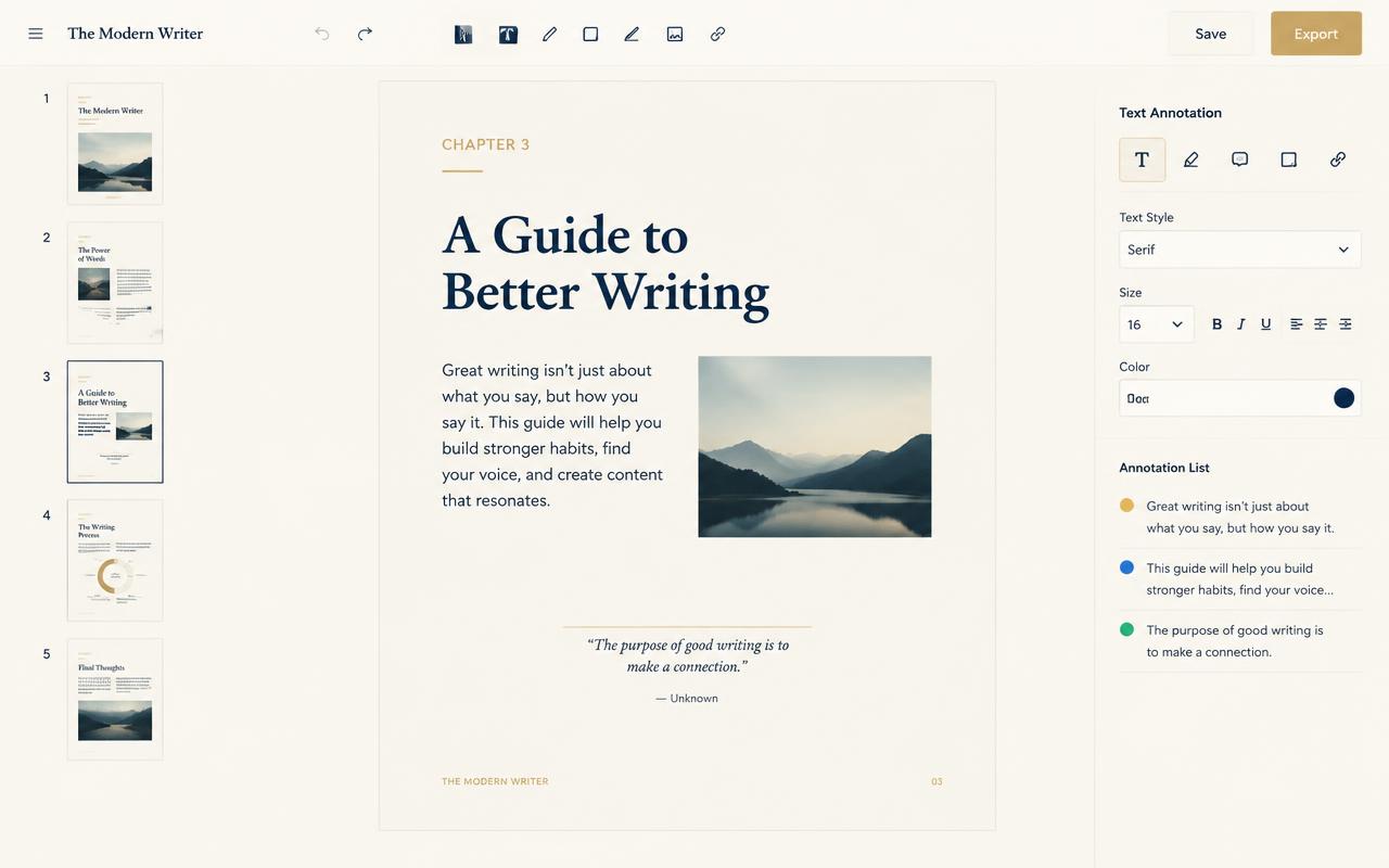 Document editor with page thumbnails and annotation panel