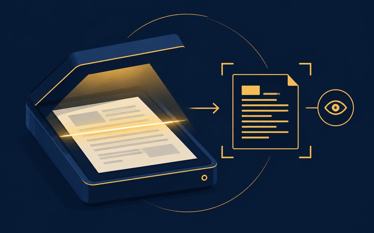 Scanner reading a document into searchable text