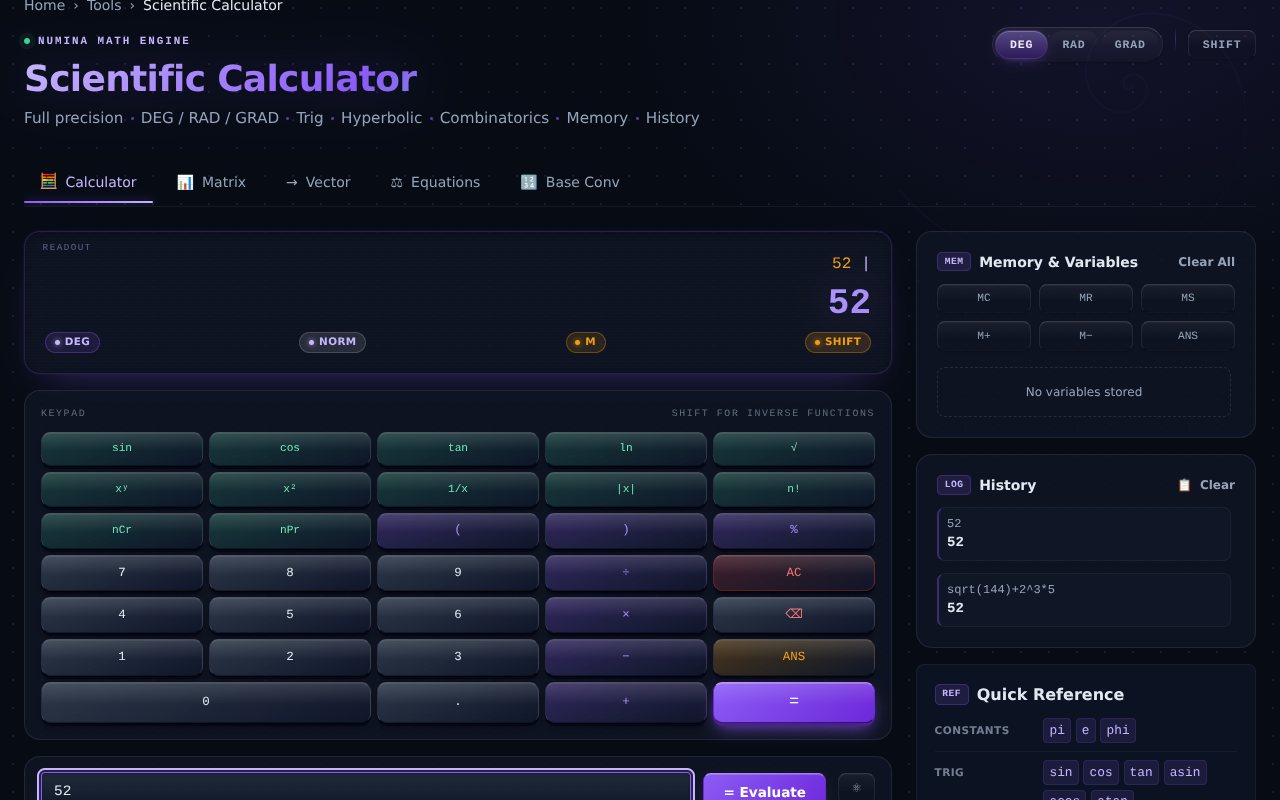 Scientific calculator keypad, memory and history panels