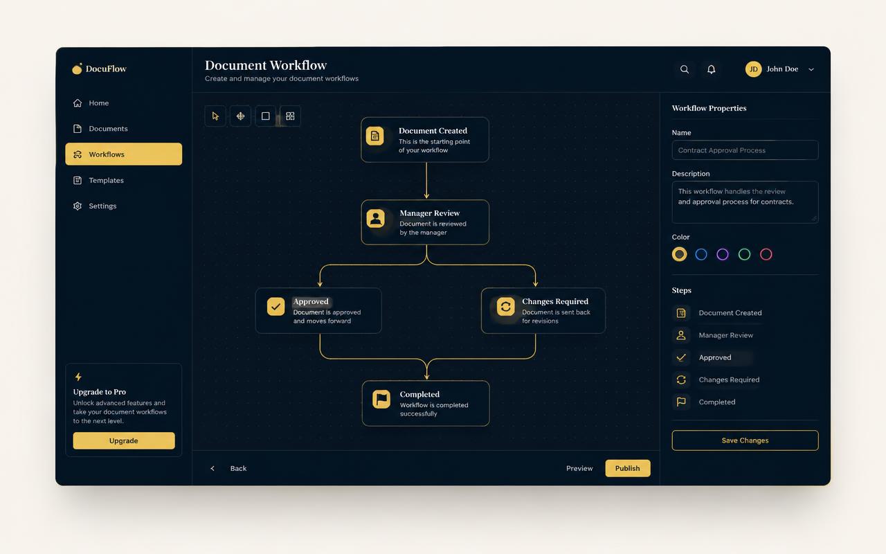 Workflow builder canvas with connected document steps
